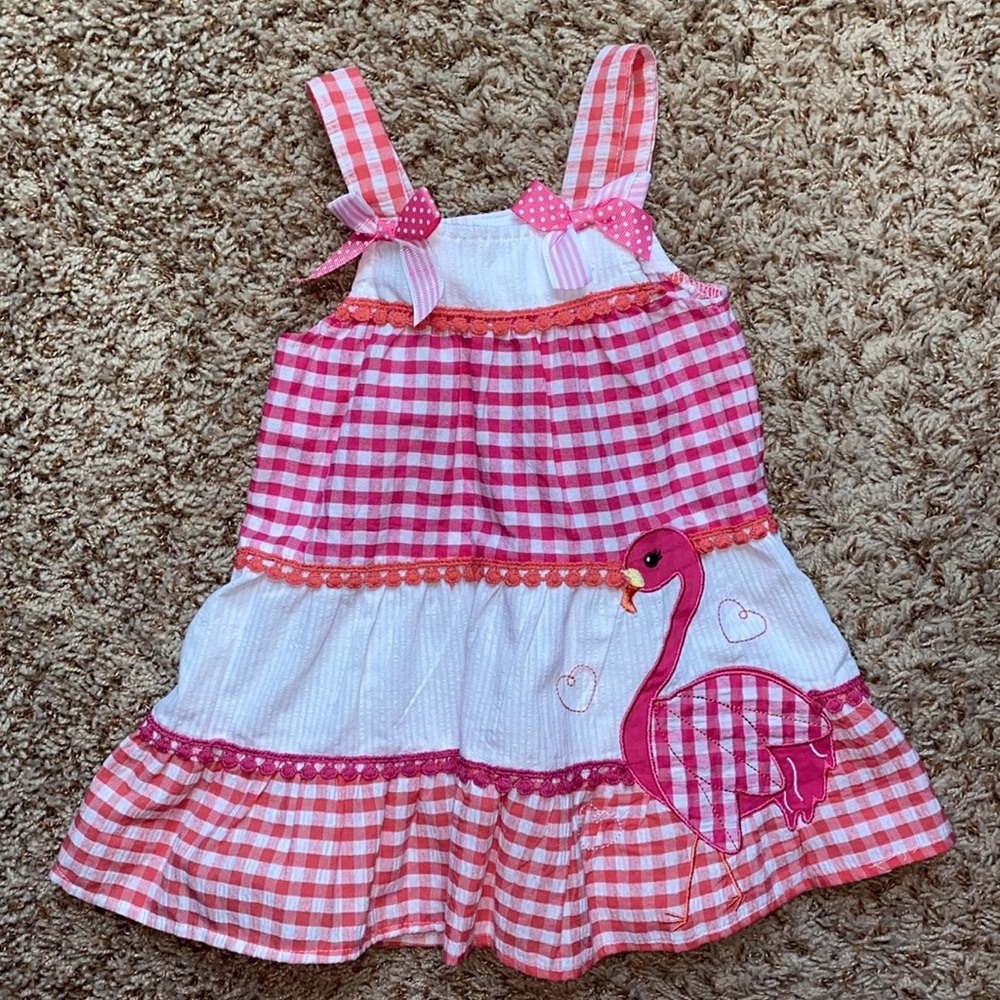12M pink & white sleeveless gingham flamingo dress